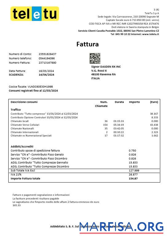Blank Italy TeleTu business utility bill template in Word and PDF format